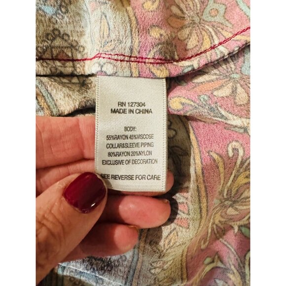 John Mark Boho Multicolor Floral Patchwork Blouse S Velvet Accents L/S Tassel - Picture 8 of 10